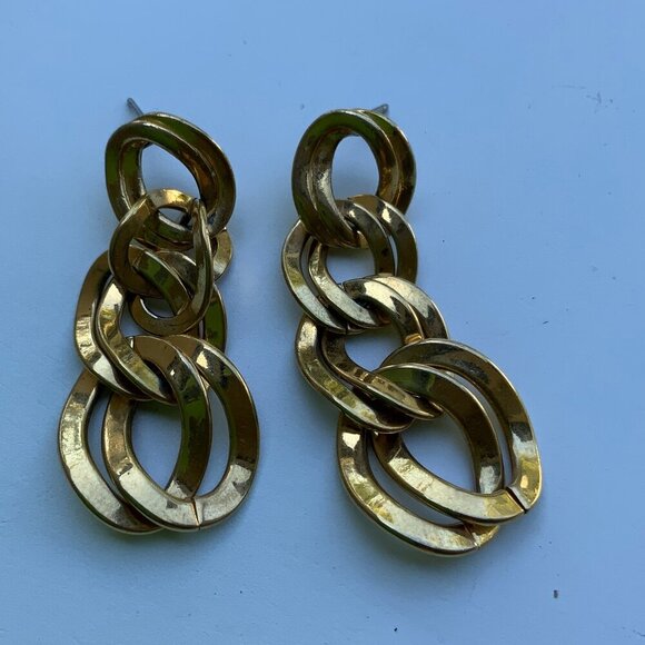 Monet Vintage Double Link Dangle Gold Tone Pierced Earrings - Picture 1 of 6